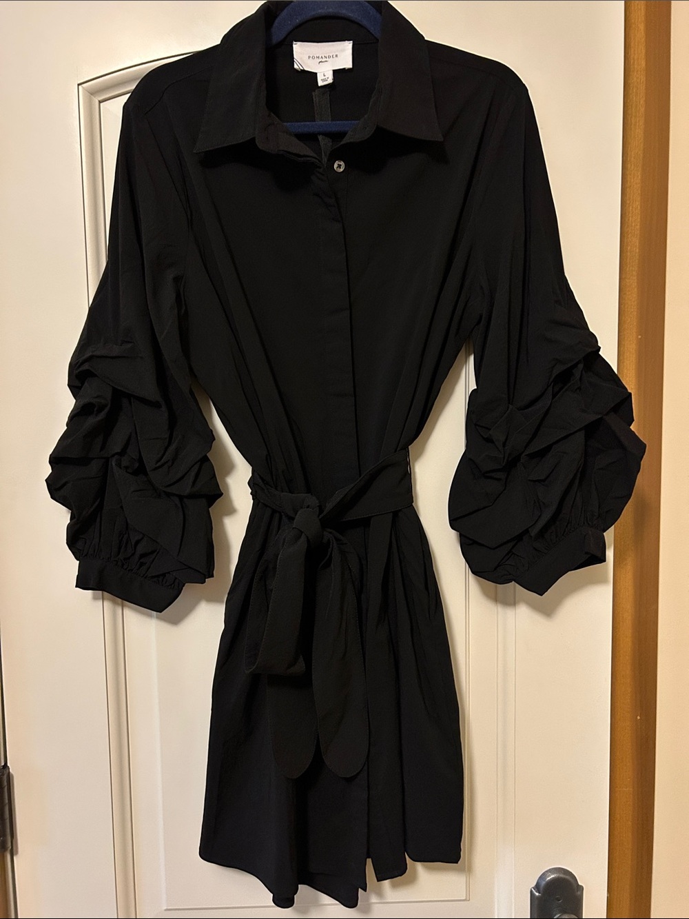 Pomander Place Alessia Black Ruffle-Sleeve Mini Shirt Dress